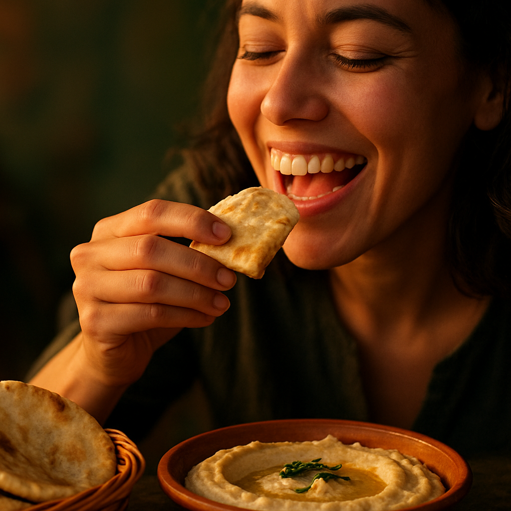 סועד נהנה מפיתה טרייה טבולה בחומוס במסעדת לה-ויצ׳ו